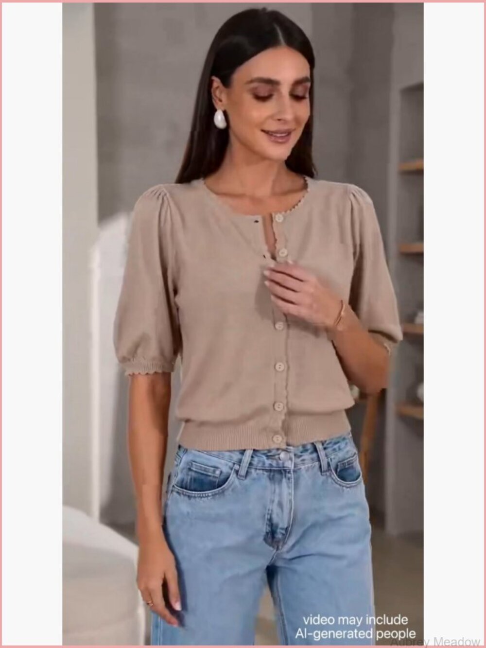 Puff Short Sleeve Cardigan Lightweight Button Down Knit Sweater Top - Picture 5 of 7